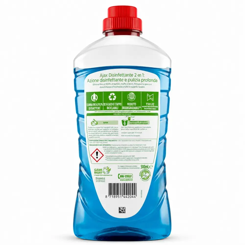 Multipacco 12x Ajax Disinfettante Pavimenti | Detergente Igienizzante, Formula Attiva, Pulizia Profonda, Scorta 15 Litri - immagine 2