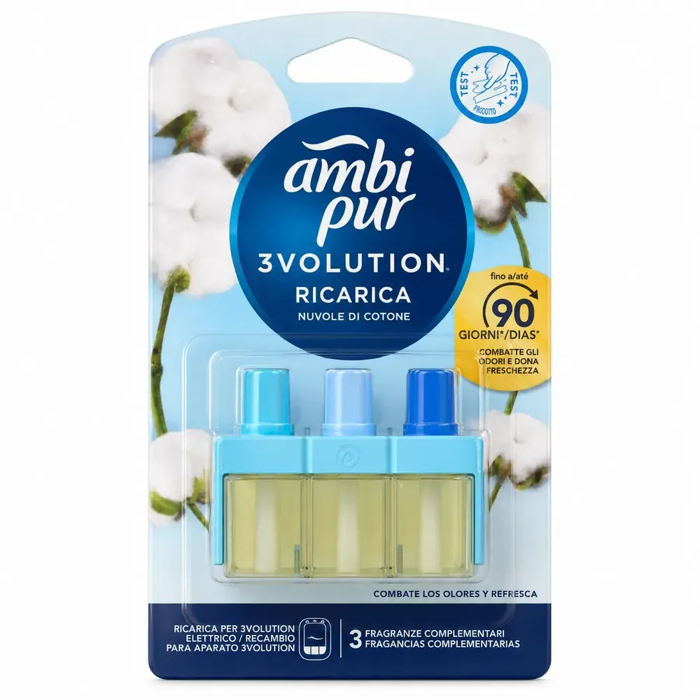 Multipacco 7x Ambi Pur 3Volution Ricarica | Fragranza Nuvole di Cotone, Tecnologia a 3 Profumi, Diffusione Continua, Scorta 140ml - immagine 1
