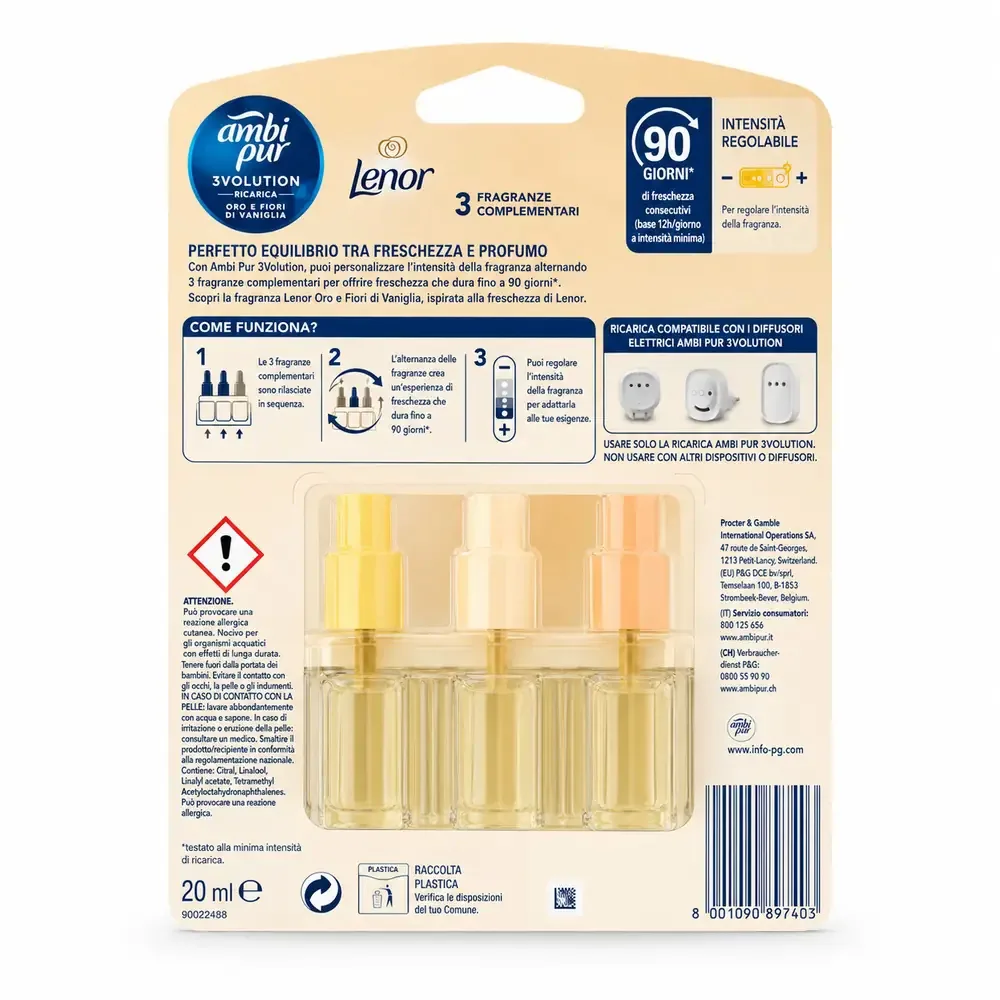 Multipacco 7x Ambi Pur 3Volution Ricarica | Fragranza Oro e Fiori di Vaniglia, Tecnologia 3 Profumi Alternati, Lunga Durata, Scorta 140ml - immagine 3