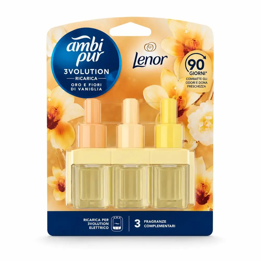 23188-jpg.webp Multipacco 7x Ambi Pur 3Volution Ricarica | Fragranza Oro e Fiori di Vaniglia, Tecnologia 3 Profumi Alternati, Lunga Durata, Scorta 140ml - immagine 1