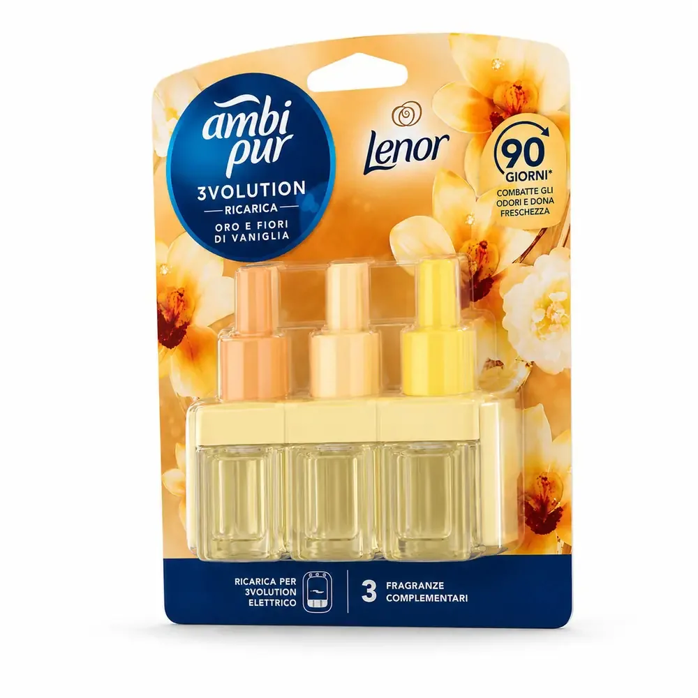 Multipacco 7x Ambi Pur 3Volution Ricarica | Fragranza Oro e Fiori di Vaniglia, Tecnologia 3 Profumi Alternati, Lunga Durata, Scorta 140ml - immagine 2