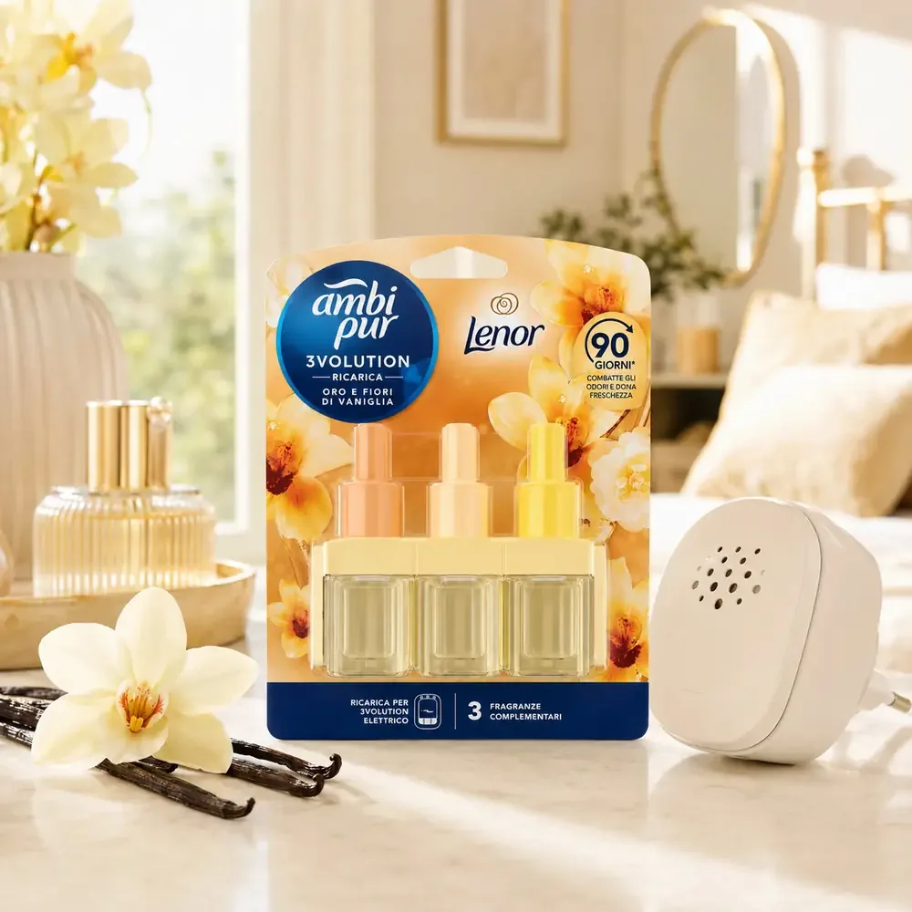 Multipacco 7x Ambi Pur 3Volution Ricarica | Fragranza Oro e Fiori di Vaniglia, Tecnologia 3 Profumi Alternati, Lunga Durata, Scorta 140ml - immagine 6