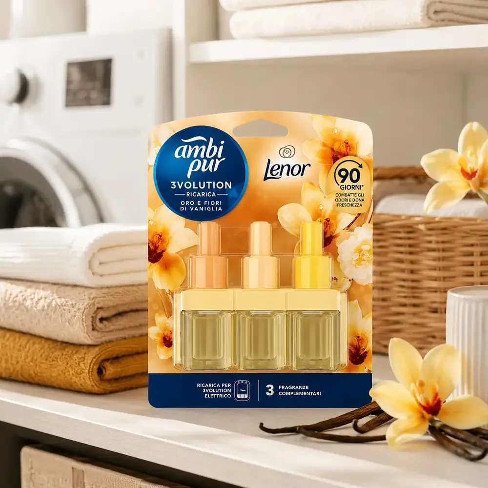 Multipacco 7x Ambi Pur 3Volution Ricarica | Fragranza Oro e Fiori di Vaniglia, Tecnologia 3 Profumi Alternati, Lunga Durata, Scorta 140ml - immagine 7